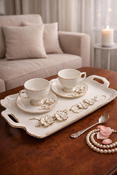 ACAR Magnus Tepsili 2 Kişilik El Yapımı Fincan Takımı-Beyaz Gül TKEBT BEYAZ