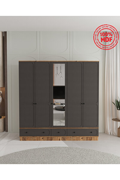 Teen & Bright IRMAK 5 KAPAKLI ÇEKMECELİ BAZALI GARDIROP - TAMAMI MDF