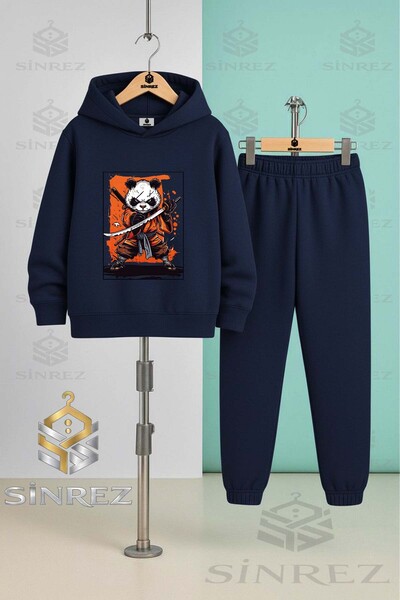 SİNREZ Set de trening cu glugă pentru copii, unisex, PANDA NINJA KILICLI NOTA