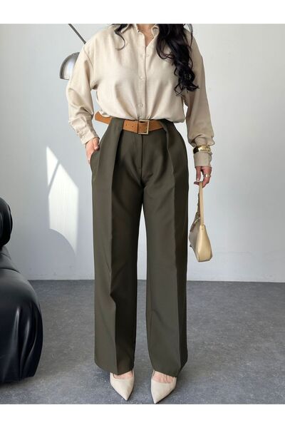 Moda İkra Visok struk , plisirane i Sa detaljem kaiša moderne hlače od tkanine