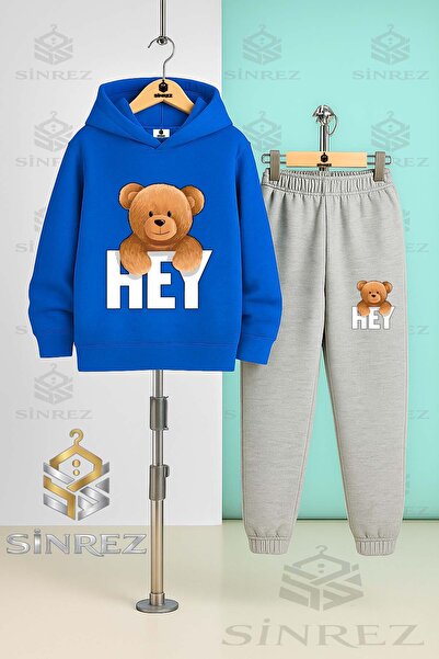 SİNREZ Children's Unisex Bear with Writing on the Back Hooded Tracksuit Set