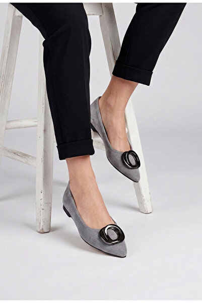 Dasha Women's gray Leather Ballet Flats with ornament