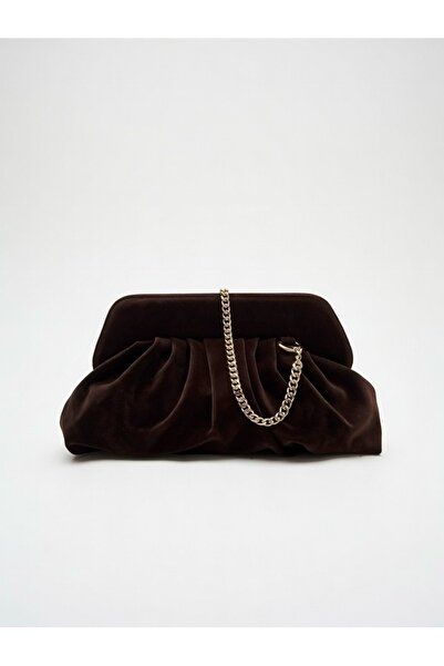 HEYBE'S Kadın Kahverengi Süet Büzgülü Çerçeve Detaylı Çıkarılabilir Zincir As...