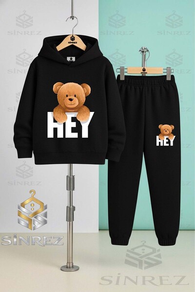 SİNREZ Children's Unisex Bear with Writing on the Back Hooded Tracksuit Set