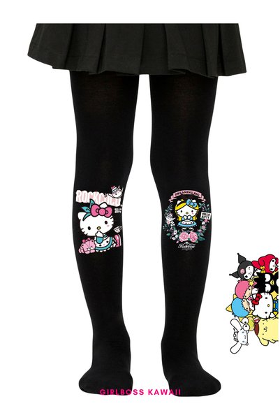Girlboss Kawaii Hello Kitty Printed Black Pantyhose Matte Opaque