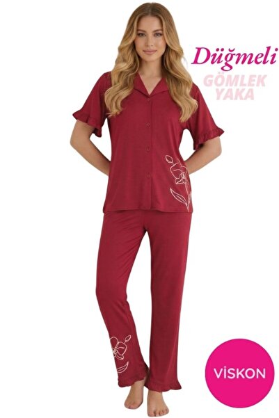 seamlife Women's Burgundy Floral Print Shirt Collar Front Button Viscose Shor...