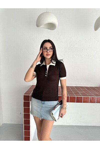 MODAMERSİ Women's Brown Striped Detail Polo Neck Short Sleeve Knitwear Blouse