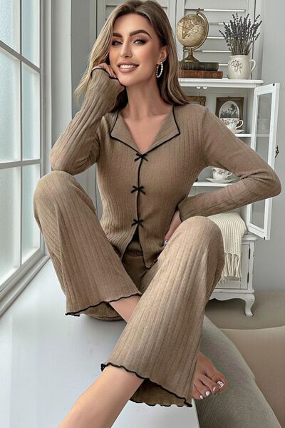 BELLA NOTTE Beige Bow Detail Long Sleeve Pajama Set