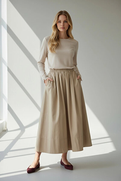 Sentez Kadın Beli Lastikli Etek - Bej