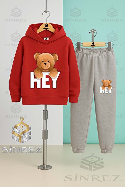 SİNREZ Children's Unisex Bear with Writing on the Back Hooded Tracksuit Set
