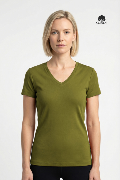 Cottonland Kadın DELFINA V Yaka 1x1 Esnek Ribana Kısa Kollu Pamuk Penye T-Shi...