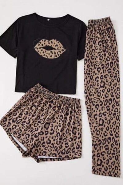 BELLA NOTTE 3-Piece Pajama Set with Leopard Printed Pieces of Cotton Pieces Each