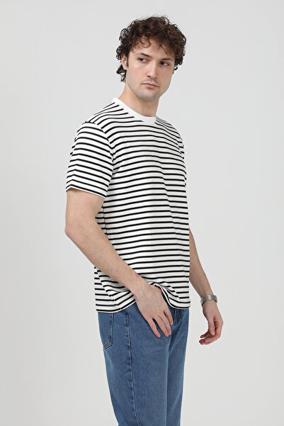 JB John Borners Men's Crew Neck Modal Fabric Striped T-Shirt Black - 26Y 1005