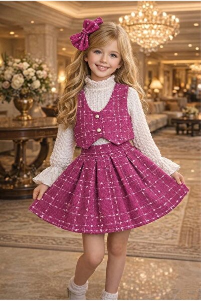 ARBİ kids Set elegant pentru fetițe, vestă bluză și ecosez fuste, cu cataramă...