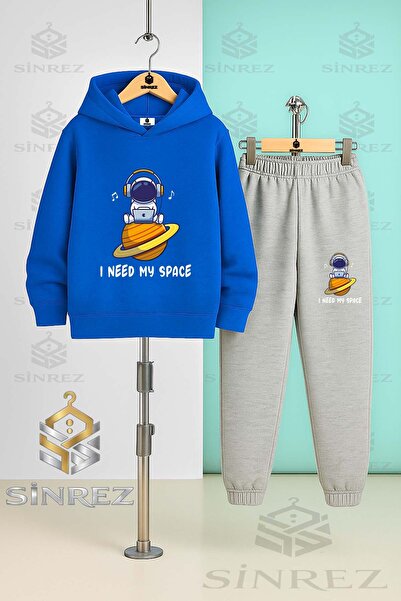 SİNREZ Children's Unisex Astronaut Space Planet Superior Hooded Tracksuit Set