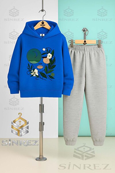 SİNREZ Children's Unisex Cicekten Green Girls Yuzu Hooded Tracksuit Set