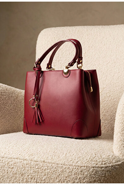 Dasha Geanta dama grena din piele naturala cu detaliu ciucure