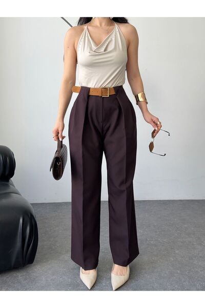 Moda İkra Visok struk , plisirane i Sa detaljem kaiša moderne hlače od tkanine