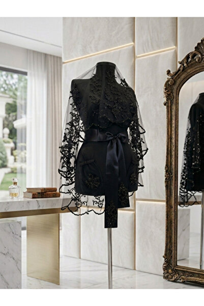 Hurma Kervanı Çiçek Taş İşlemeli Duvak Düğün Kına Duvağı Siyah