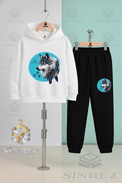 SİNREZ Children's Unisex Wolf Gray Turquoise Tvl Hooded Tracksuit Set