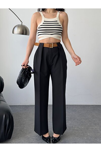 Moda İkra Visok struk , plisirane i Sa detaljem kaiša moderne hlače od tkanine