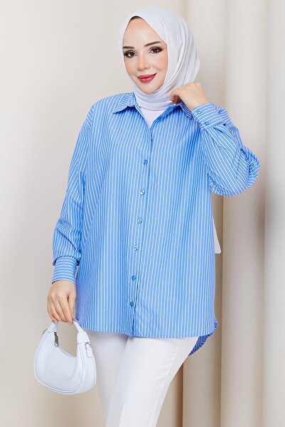 hafsamina Striped Hijab Shirt Blue Hm2893