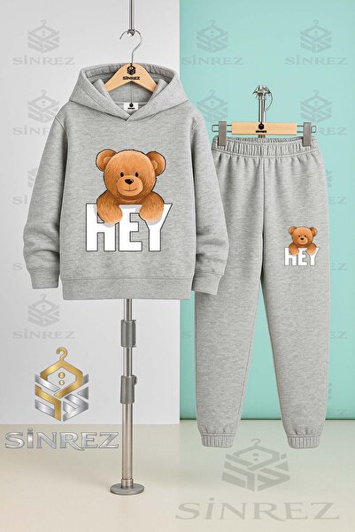 SİNREZ Children's Unisex Bear with Writing on the Back Hooded Tracksuit Set
