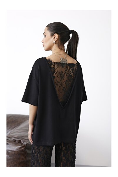 Elif Özbey Butik Siyah Sırtı Dantel Detay Modal Tshirt