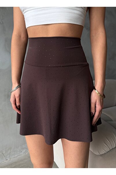 shaban Brown Color 2 Layer High Waist Shiny Stone Detailed Tennis Skirt Sport...