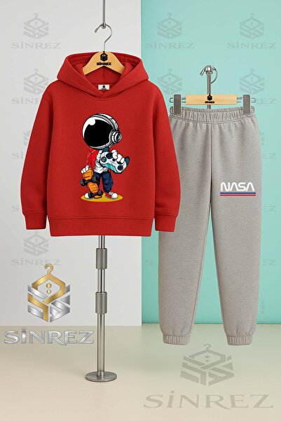 SİNREZ Children's Unisex Astronaut Handing a Game Console Hooded Tracksuit Set