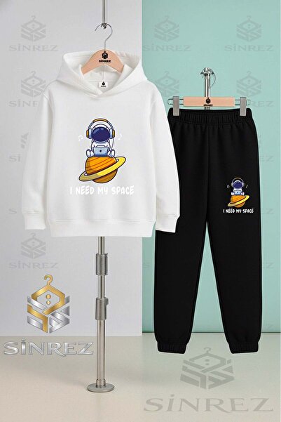 SİNREZ Children's Unisex Astronaut Space Planet Superior Hooded Tracksuit Set