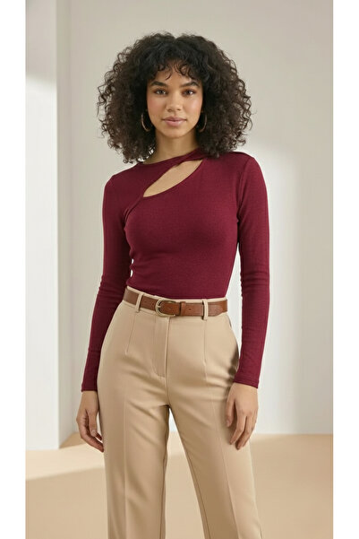 MELA ROSSA Ženska bordo Modal rebrasta tkanina prozor Sa detaljem na okovratn...