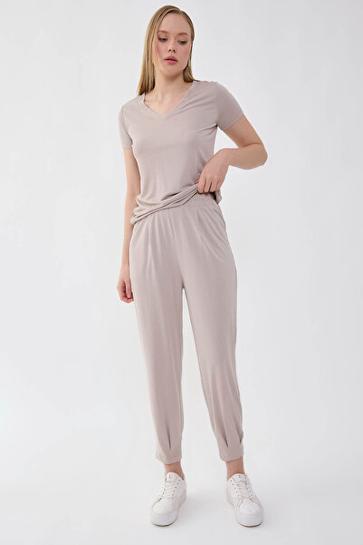 Vitrin Elastic Waistband Pleated Carrot Comfortable Trousers