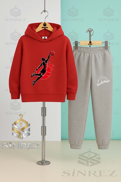 SİNREZ Children's Unisex Basketballer Syh Red Hooded Tracksuit Set