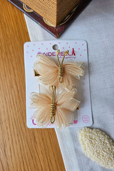 Cinderella Set od 2 mekane bež boje Til leptir kopče za kosu sa zlatnim detal...