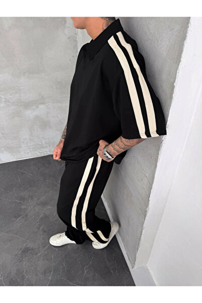 LUİS BUTİK Şerit Detay Unisex Eşofman Takım siyah