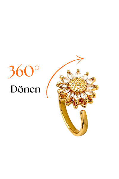 Siya Silver Çelik Dönen Ayarlanabilir Zirkon Taşlı Papatya Stres Yüzüğü