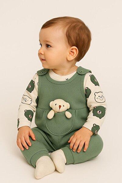 0-6 Ay Kız Bebek Pembe & Yeşil Peluş Tavşan & Peluş Ayı Ribana Salopet 2’li Takım –