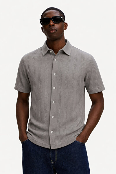 DAMGA JEANS Men's Self Patterned Stretchy Gray Casual Shirt