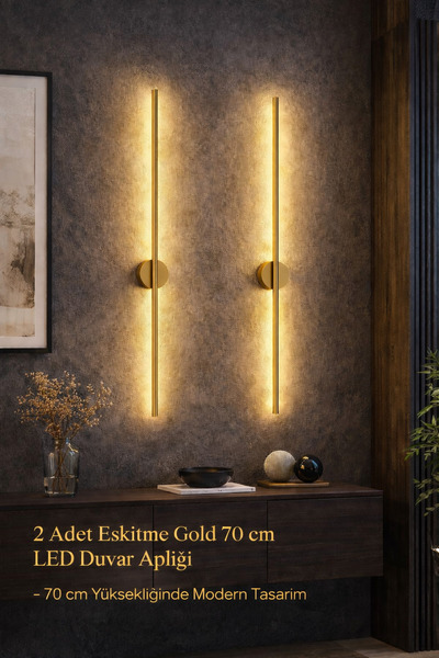 LUMINALED Eskitme Gold 70 cm Aplik –( 2’li Set )| Pilli Tak-Çalıştır
