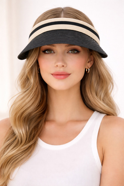 HatClub Exclusive Pălărie neagră din paie pentru femei, cu bandă bej, model c...