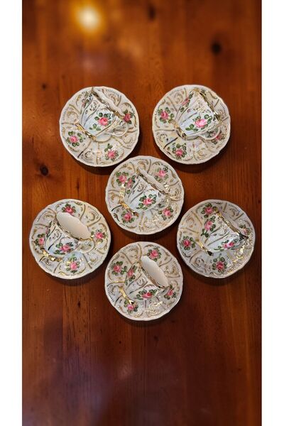BY.RAYKA PORSELEN El Dekor Royal 6 Piece Porcelain Hand Painted Coffee Cup Set