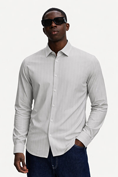 DAMGA JEANS Men's Striped Long Sleeve Gray Comfort Shirt