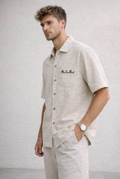 Polo State Men's Oversized Short Sleeve Textured Printed Beige Shirt – More Than Words