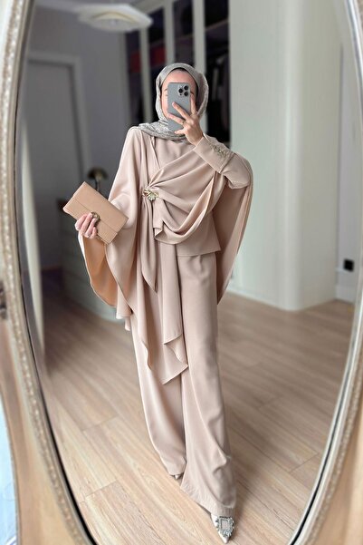 Ka Hijab طقم شال ثلاثي مزين بالبروش - حجري