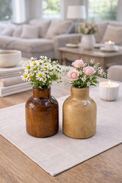 Akkoyunlu home Set de 2 vaze decorative din lemn natural – Ghiveci de flori r...