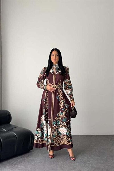 Dipmoda Rochie de damă maro cu guler în V, design lung, imprimeu floral DPMS2653