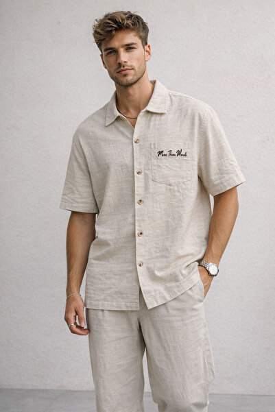 Polo State قميص رجالي كبير الحجم بأكمام قصيرة ذو ملمس بارز مطبوع بيج - أكثر م...