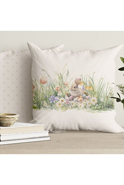 Lenjerii Deosebite Fata perna decorativa din bumbac, 45x45cm, cu flori, iepur...