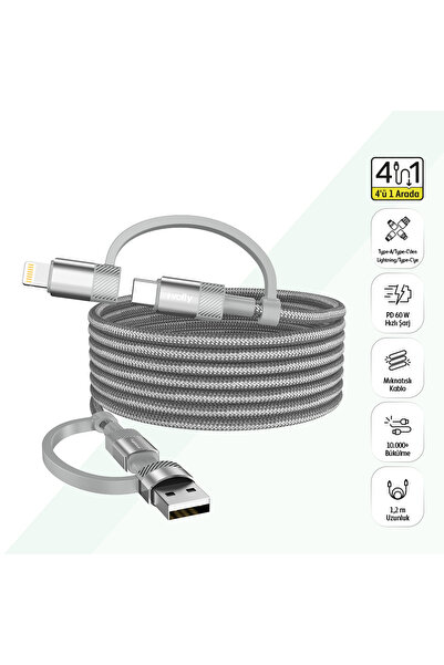 Hızlı Şarj Kablosu 4 in 1 | USB-A/C to Type-C/Lightning, 60W, 1.2m, Manyetik (Gri-V0201008)